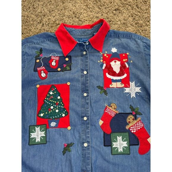 KAREN SCOTT Chambray Button Shirt Cord Collar Christmas Santa Stockings 2X READ - Picture 1 of 10